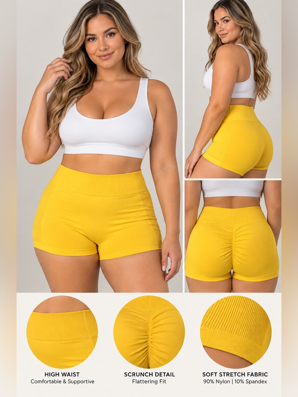 High-Waist Yellow Scrunch-Back Active Shorts